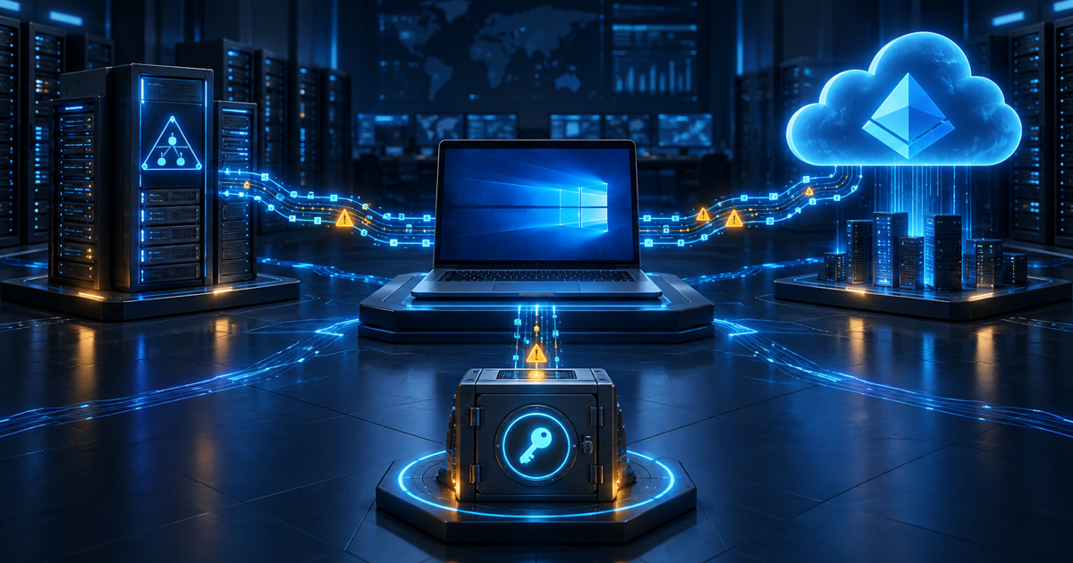 Windows workstation between on-premises directory services, cloud identity, and a secure password vault during Hybrid Entra Join and LAPS troubleshooting