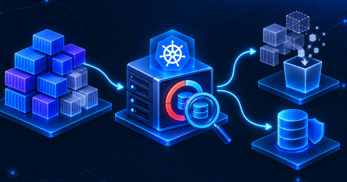 Isometric k3s worker disk audit showing container images, safe cleanup and protected persistent storage