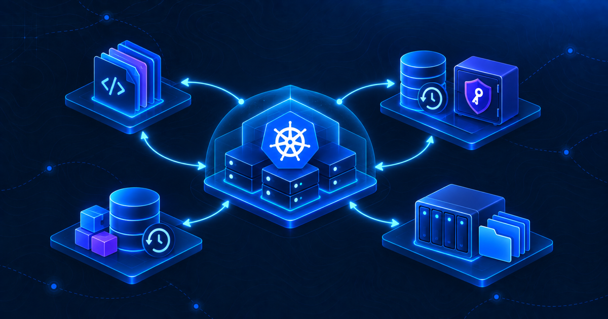 Kubernetes disaster recovery model combining GitOps, etcd and server token, database backups, and persistent volume data