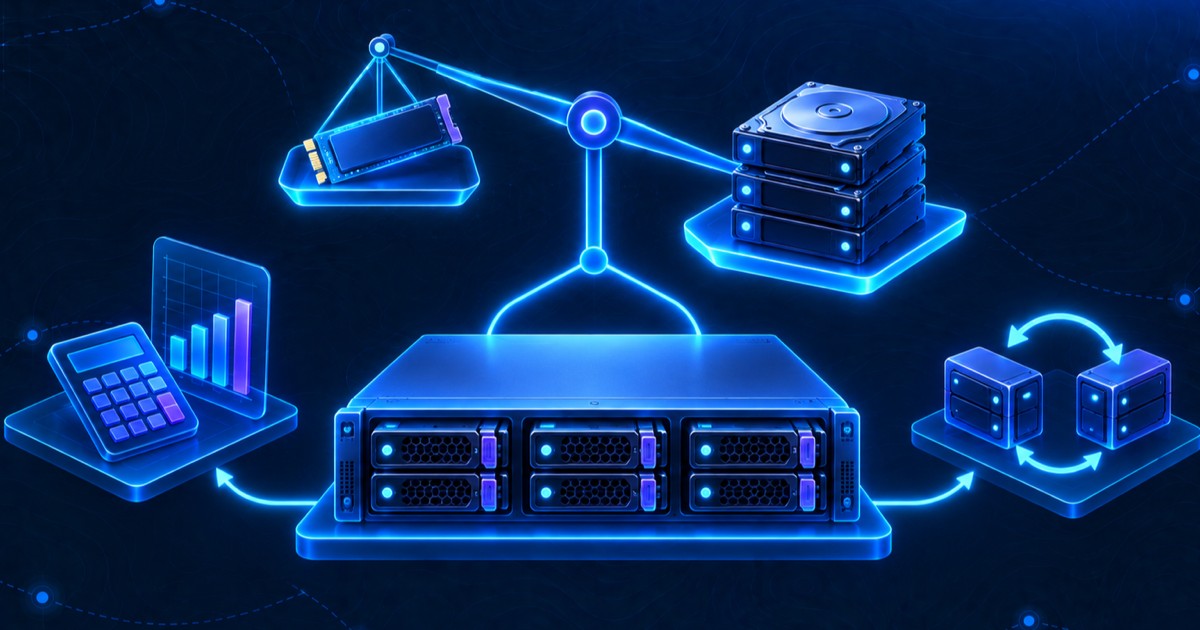 Isometric Proxmox server comparing SSD performance with higher-capacity SAS RAID10 storage