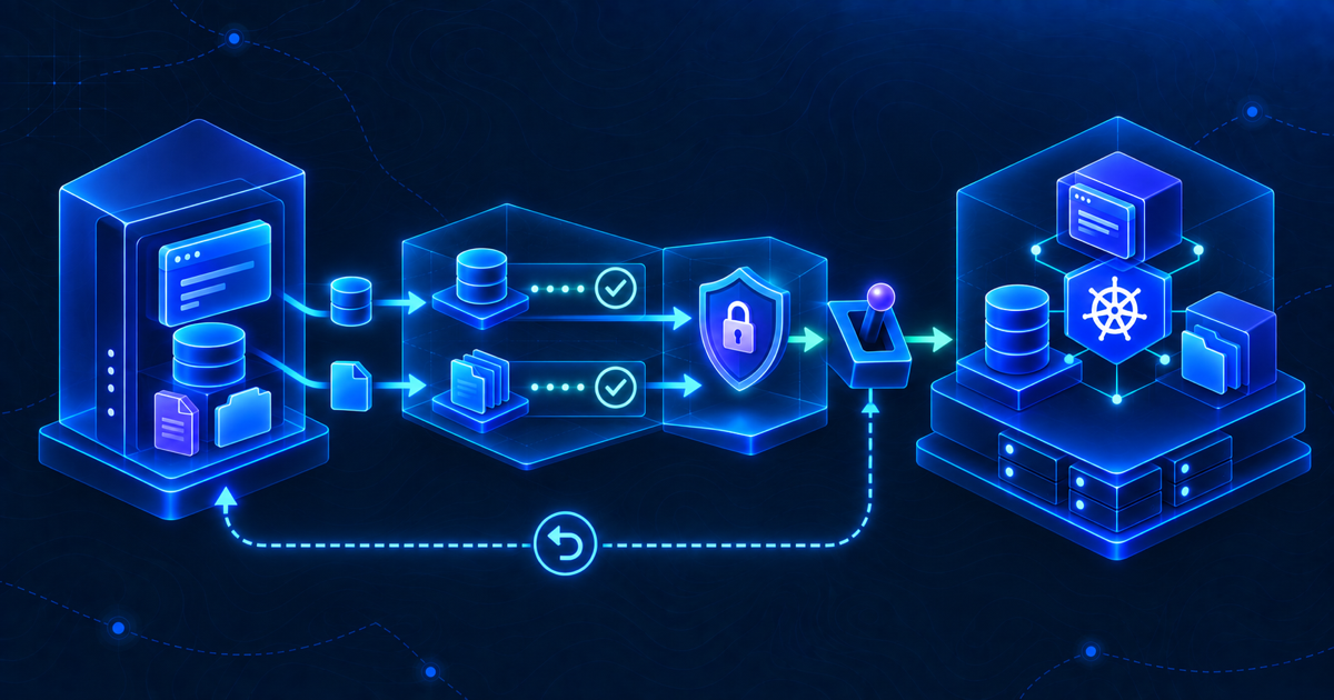 Stateful application moving from a VM to k3s through separate database and file validation, TLS testing, DNS cutover and rollback path
